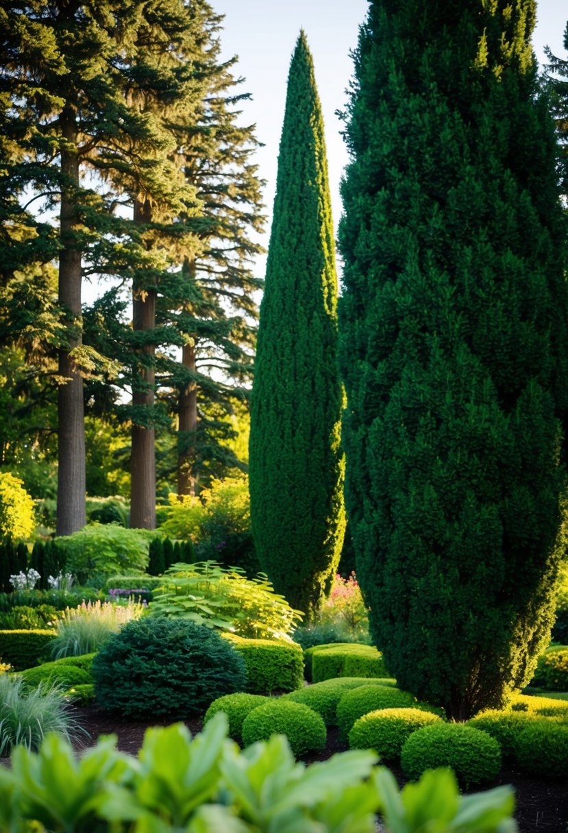 A lush garden with tall cedar trees and abundant greenery