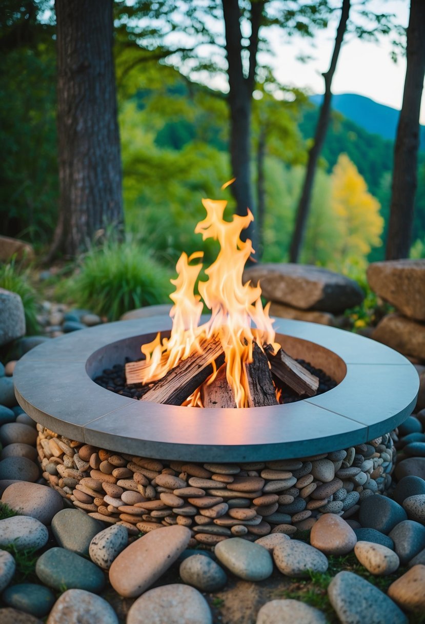 A circular fire pit surrounded by decorative river stones, nestled in a natural outdoor setting with trees and greenery