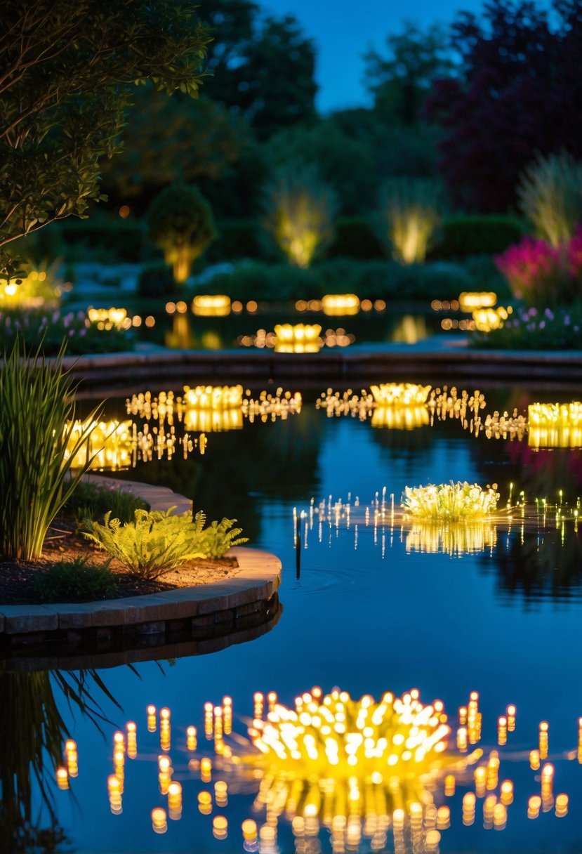 Glowing fiber optic lights illuminate 25 garden ponds at night, casting a colorful and enchanting display across the tranquil water