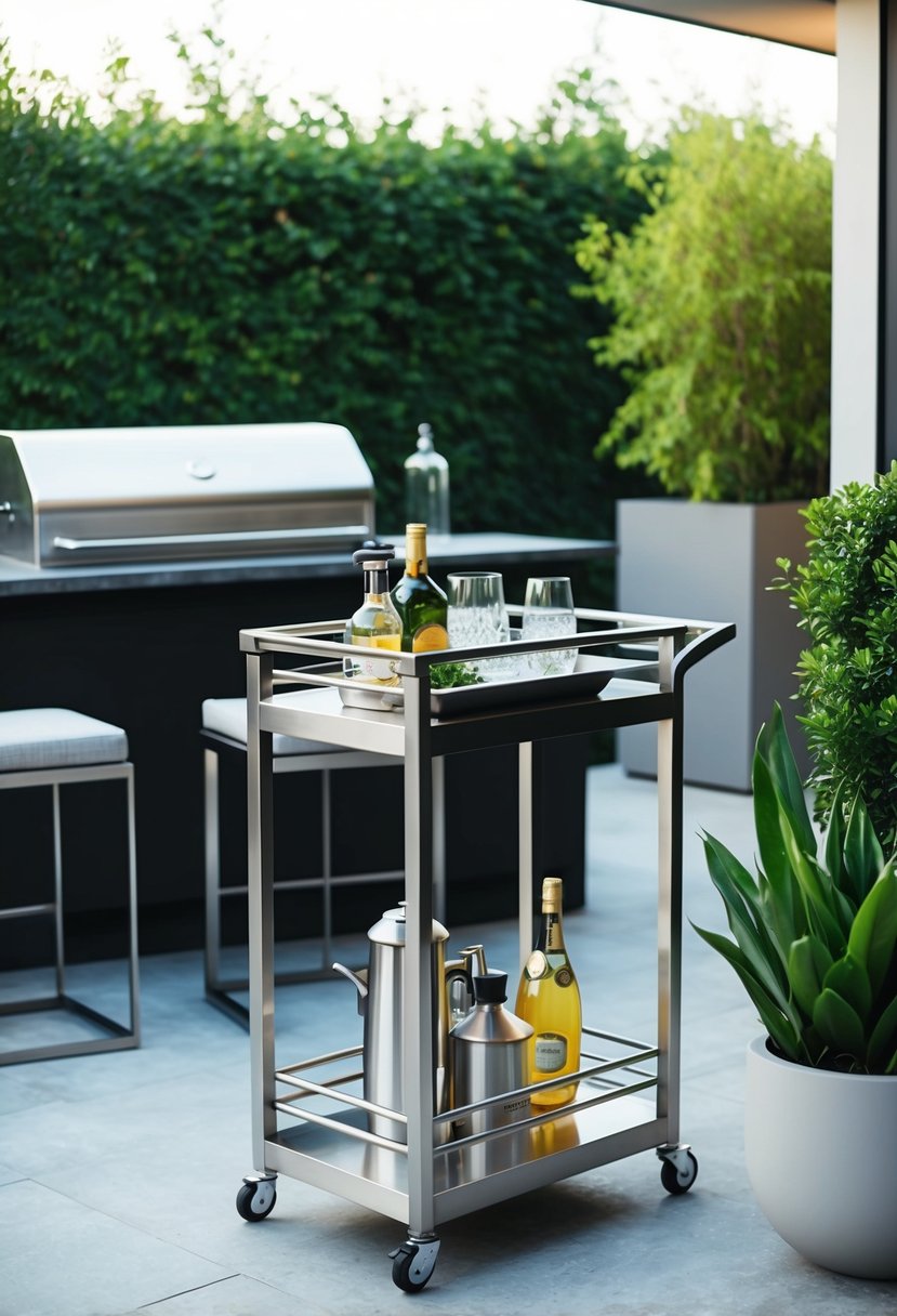 A sleek stainless steel bar cart sits next to a modern outdoor kitchen, surrounded by contemporary furniture and lush greenery