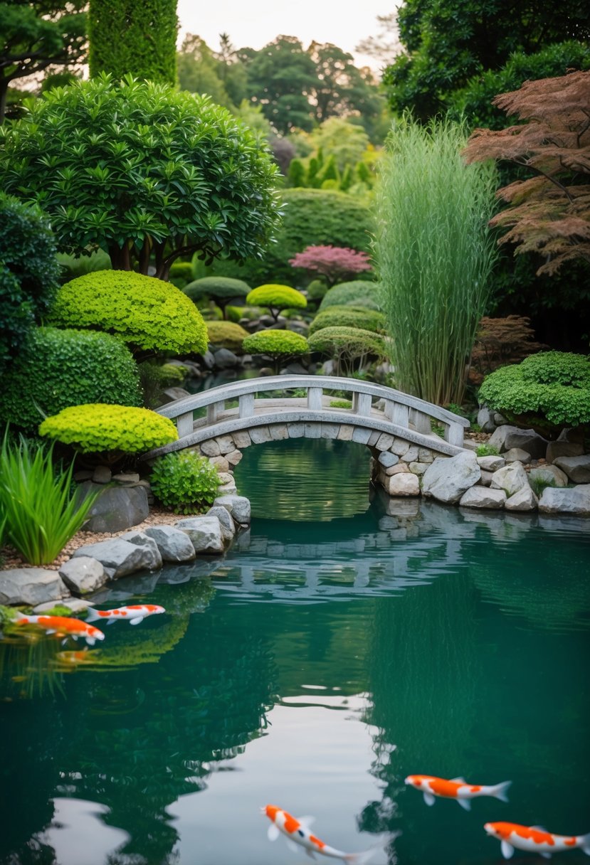 A serene Japanese koi pond with lush greenery and a stone bridge over tranquil water