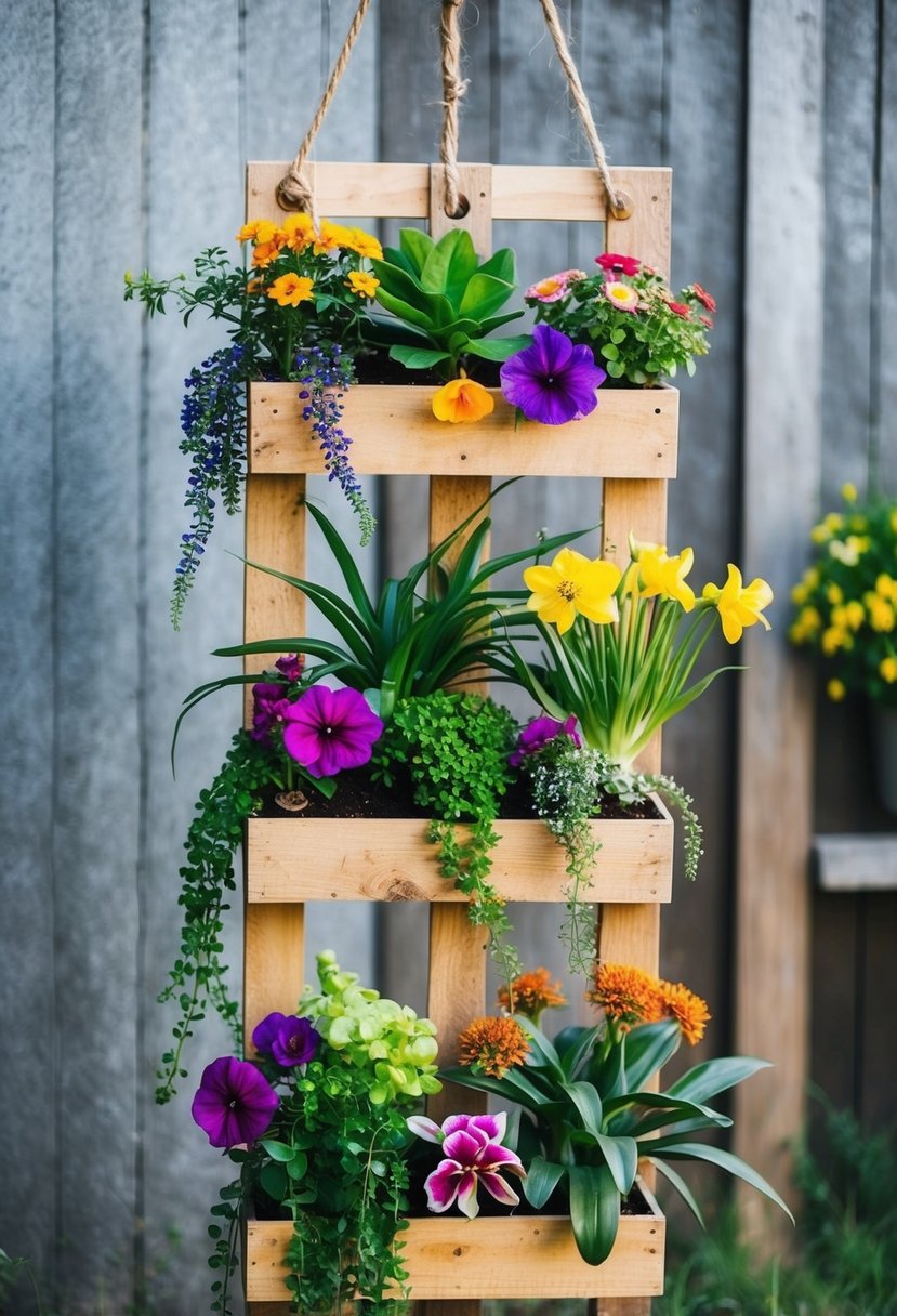 A vertical pallet planter filled with an assortment of vibrant plants and flowers, hanging against a rustic outdoor backdrop