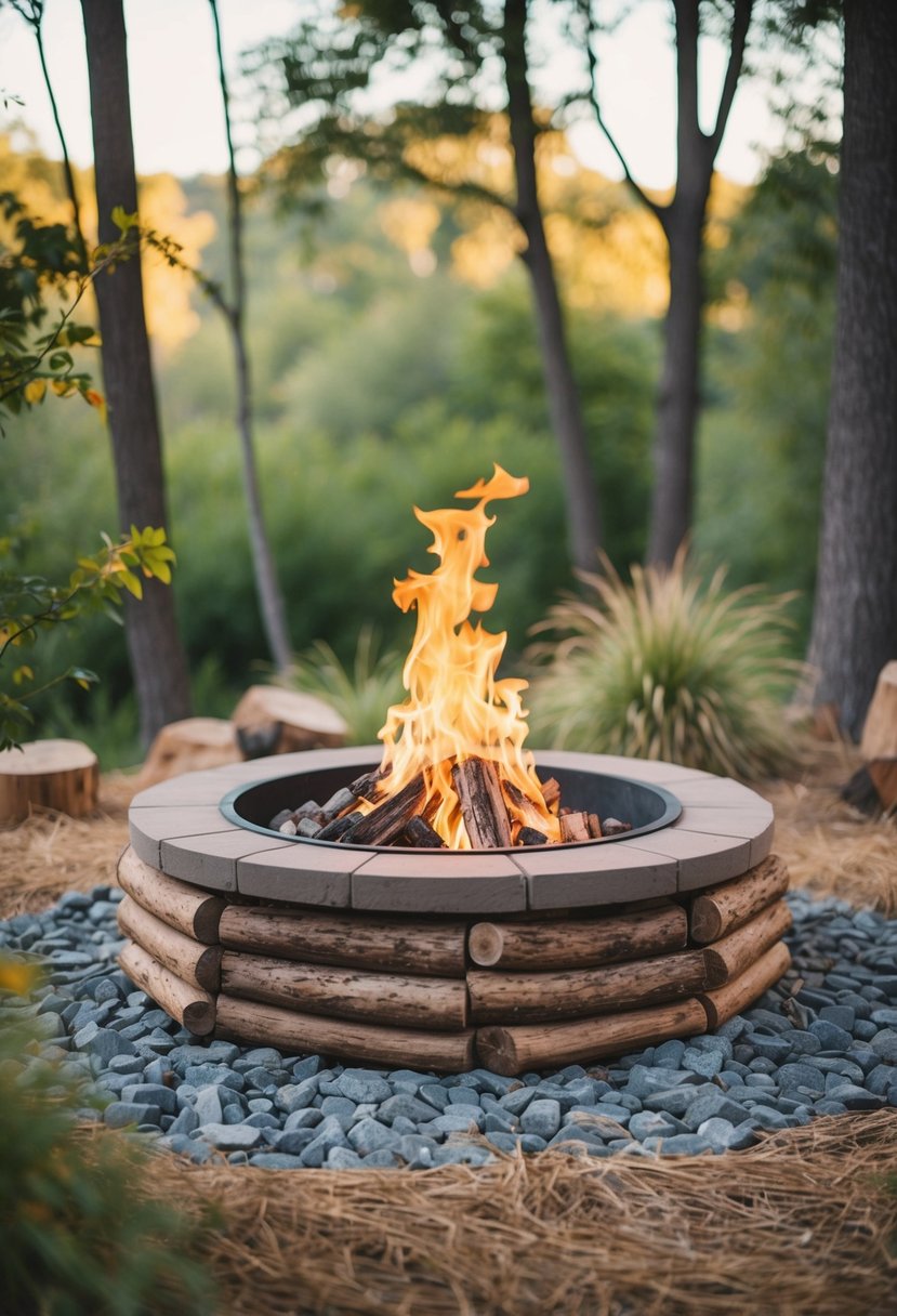 A circular fire pit surrounded by a rustic log border, nestled in a natural outdoor setting with trees and foliage