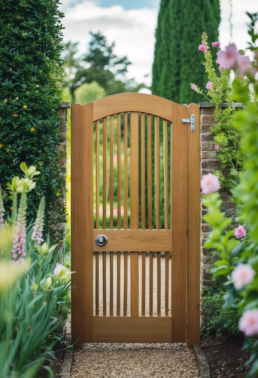 A louvered wood gate stands in a lush garden, surrounded by blooming flowers and tall greenery