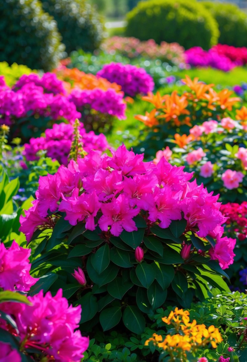 A lush garden filled with vibrant Azalea 'George L. Tabor' plants in full bloom, surrounded by a variety of other colorful flowers and green foliage
