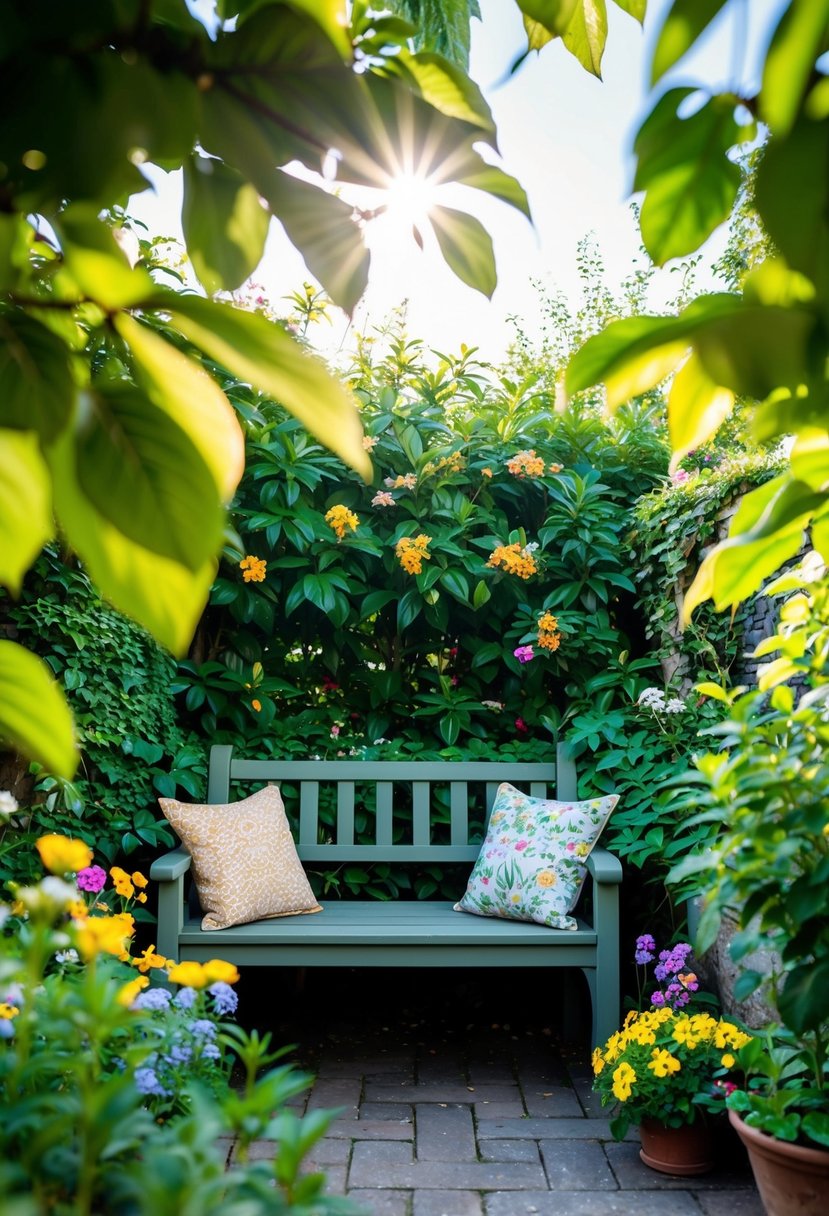 A cozy garden nook with a bench, surrounded by lush greenery and colorful flowers, dappled sunlight filtering through the leaves