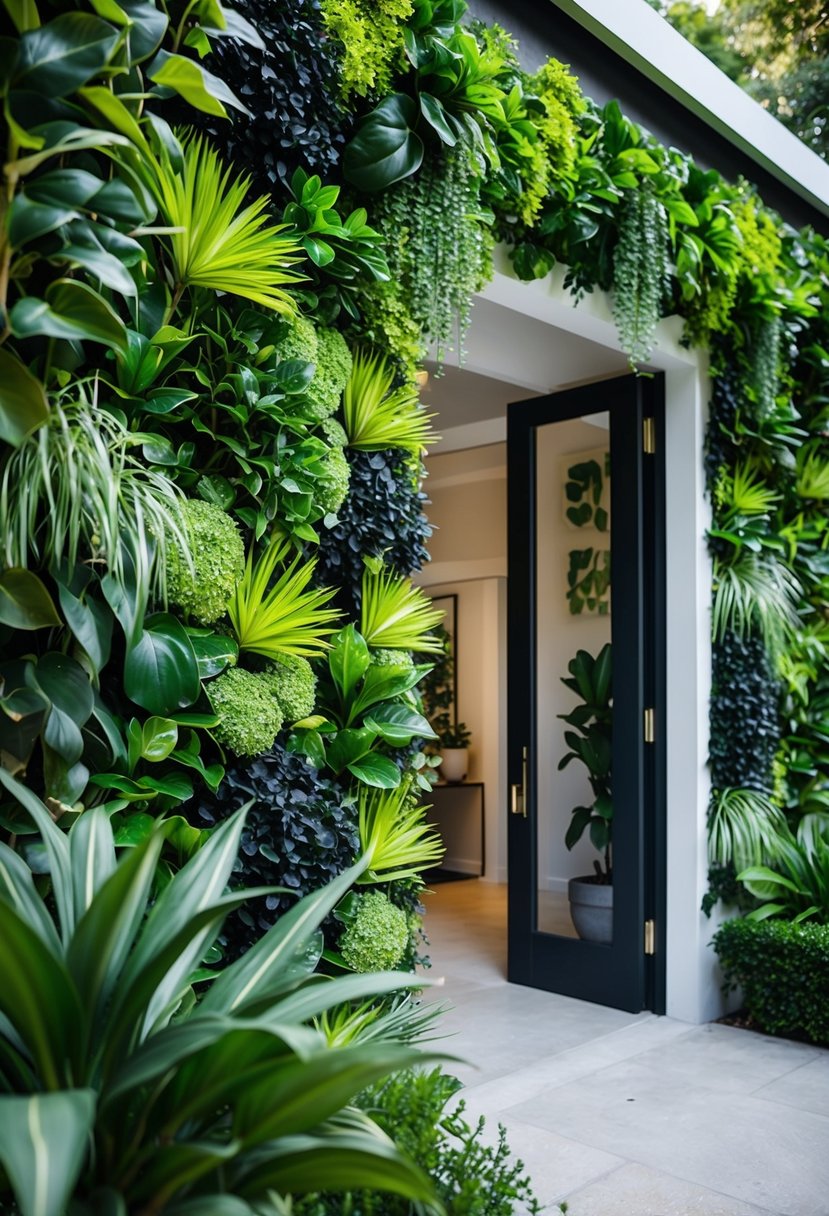 A lush living plant wall adorns the entrance to a garden, creating a vibrant and inviting atmosphere