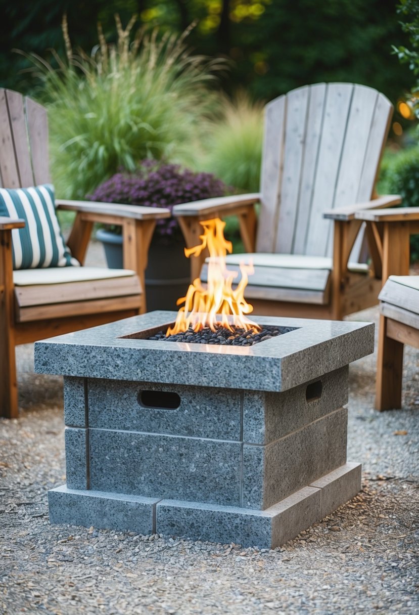 A granite block fire pit surrounded by rustic outdoor seating and natural landscaping