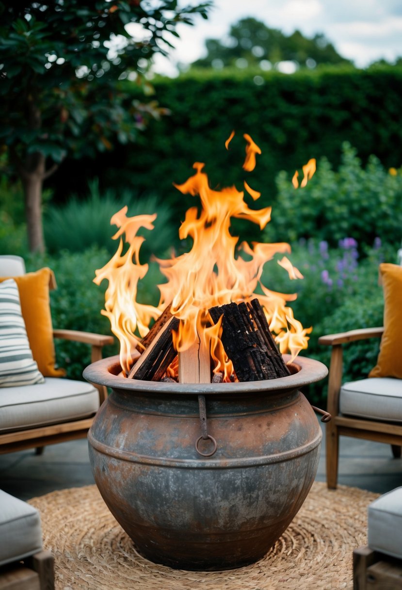 A weathered vintage pot converted into a fire pit, surrounded by rustic outdoor seating and set against a backdrop of a lush garden