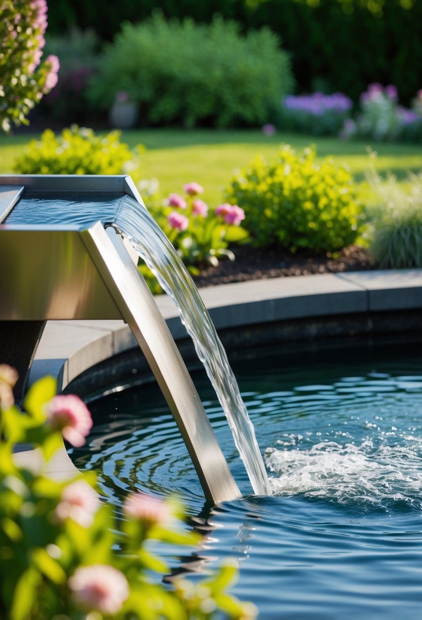 A sleek stainless steel spillway cascades water into a tranquil garden pond, surrounded by lush greenery and blooming flowers