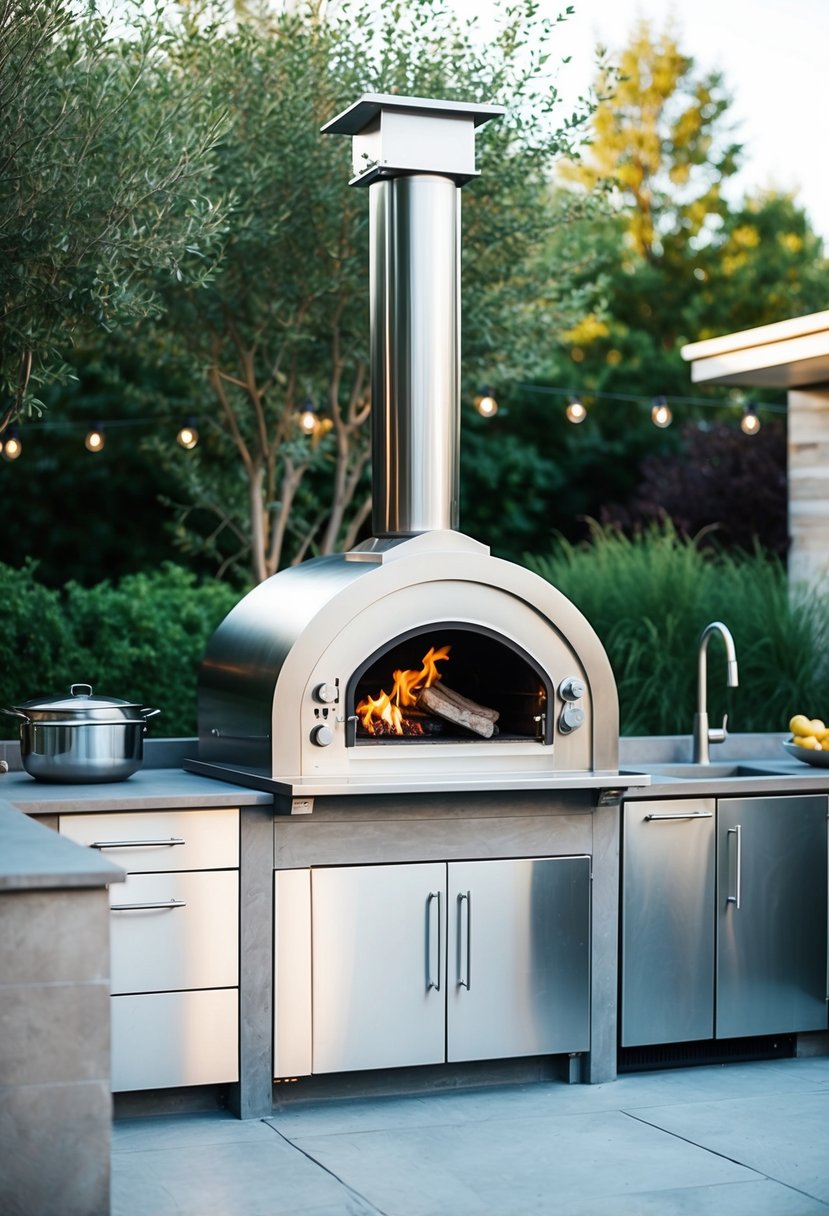 A sleek, stainless steel outdoor wood-fired oven stands in a modern outdoor kitchen surrounded by sleek countertops, a spacious sink, and stylish seating area