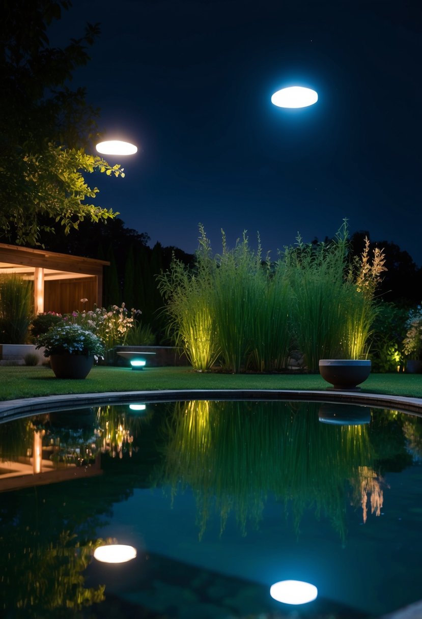 A tranquil garden pond scene illuminated by underwater LED spotlights at night
