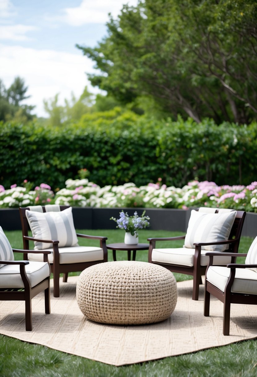 A cozy outdoor pouf ottoman surrounded by various patio seating options, including chairs, benches, and a table, all set against a backdrop of lush greenery and blooming flowers