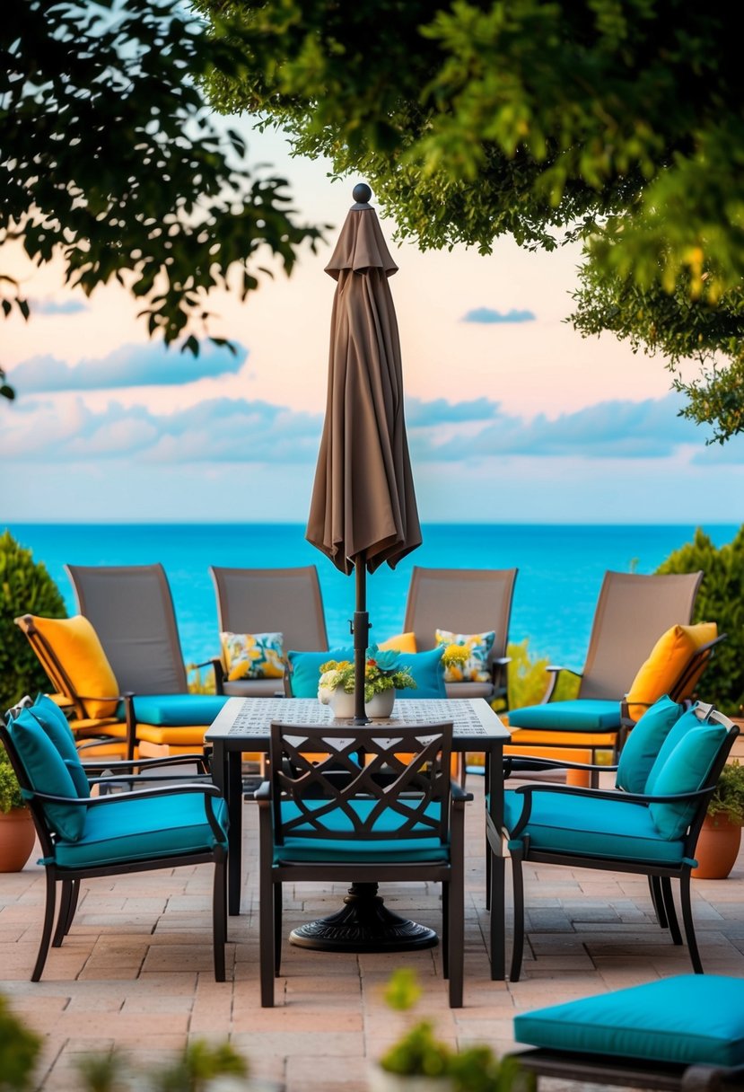 A patio dining set with various seating ideas, including chairs, benches, and loungers, arranged around a table with an umbrella