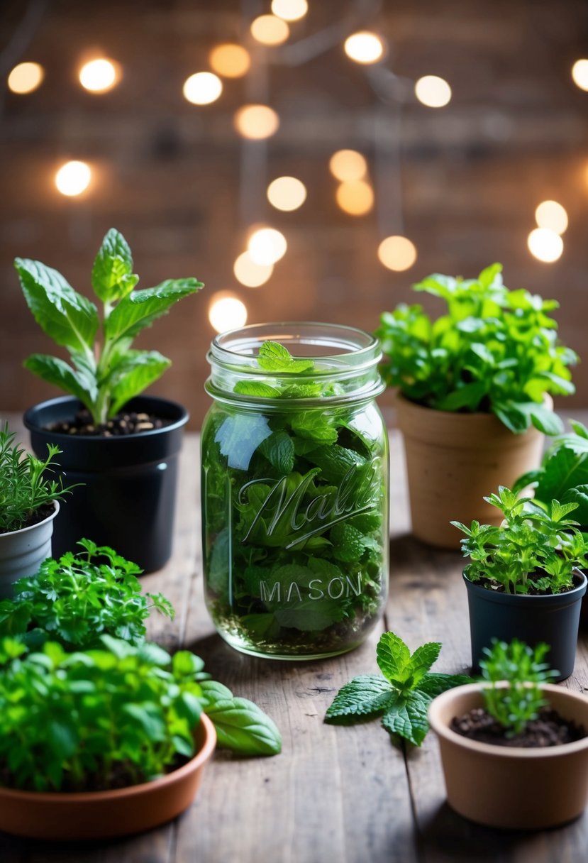 A mason jar filled with mint surrounded by 31 different herb plants in various containers