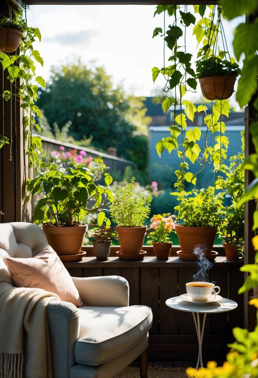 A small, sunlit garden nook with a plush armchair, soft throw blanket, and a side table with a steaming cup of tea, surrounded by potted plants and hanging vines