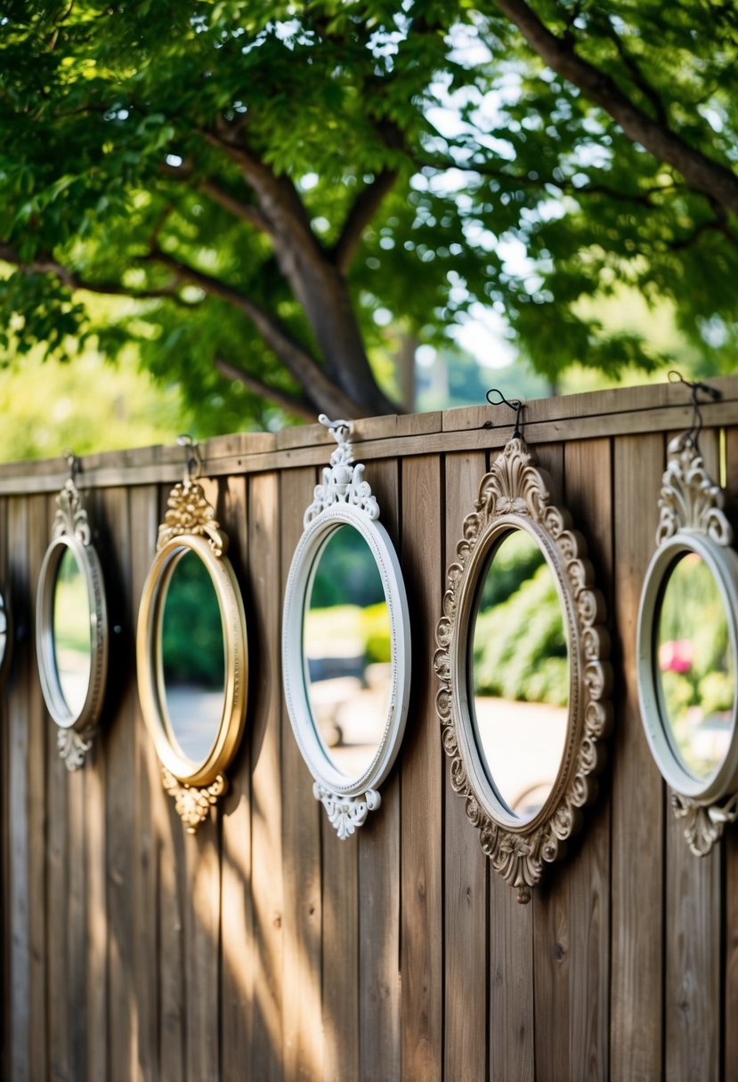 A patio with a variety of decorative mirrors hanging on a wooden fence, reflecting the surrounding greenery and adding visual interest to the outdoor space