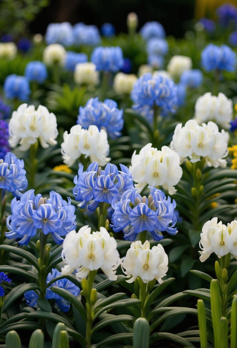 A garden filled with blooming Agapanthus 'Double Diamond' plants in various shades of blue and white, creating a beautiful and vibrant display