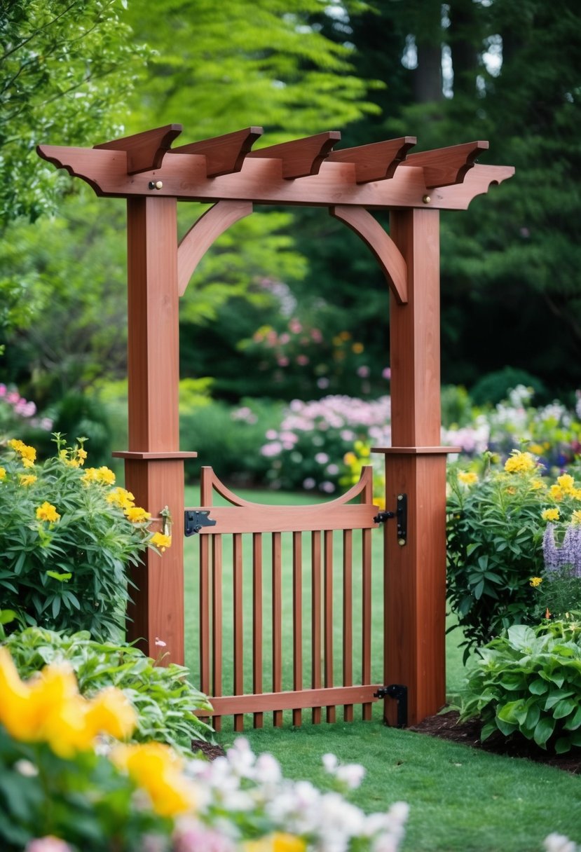 A redwood arbor gate stands tall in a lush garden, surrounded by blooming flowers and greenery