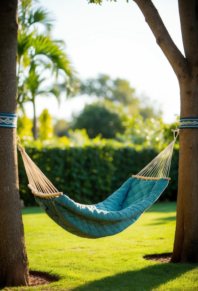 A cozy quilted hammock hangs between two trees in a lush garden, basking in the warm sunlight