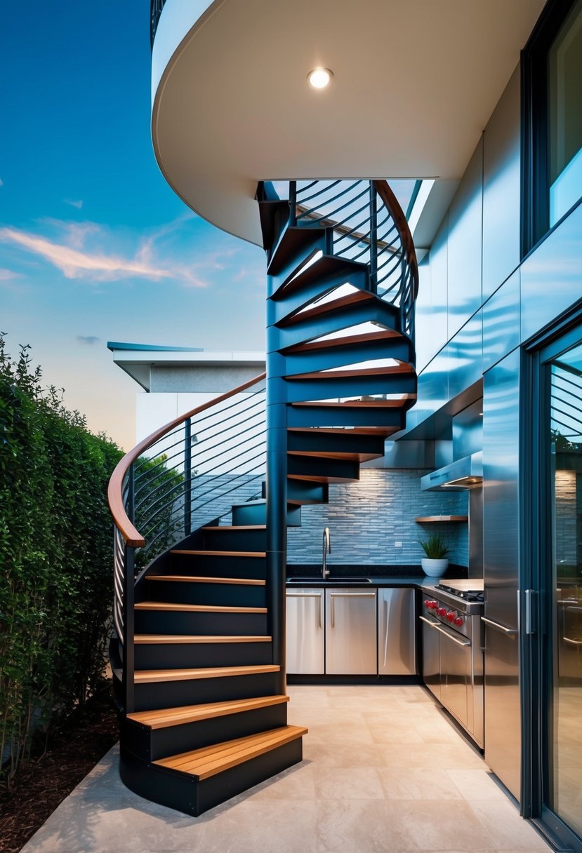A spiral outdoor staircase leads to a modern outdoor kitchen with sleek design and stainless steel appliances