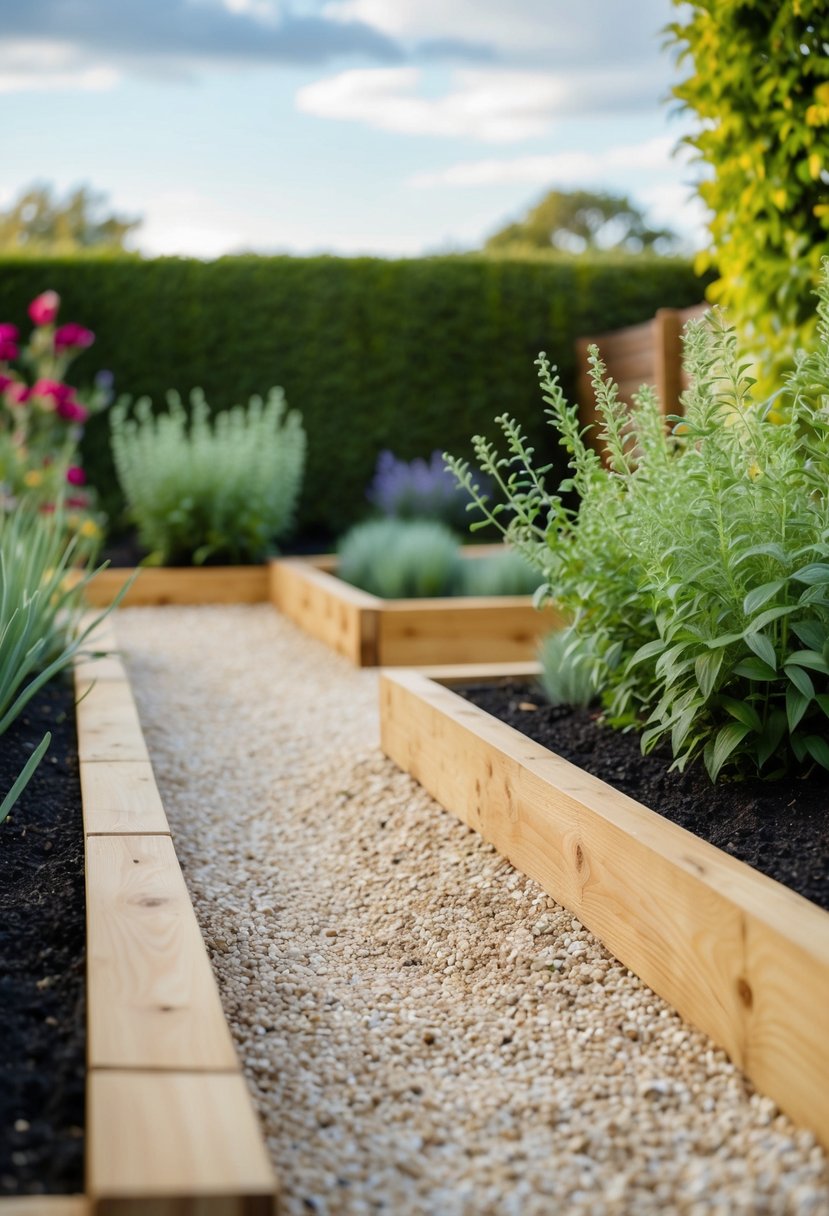 A garden with 35 timber nutmeg sleepers creating borders and pathways