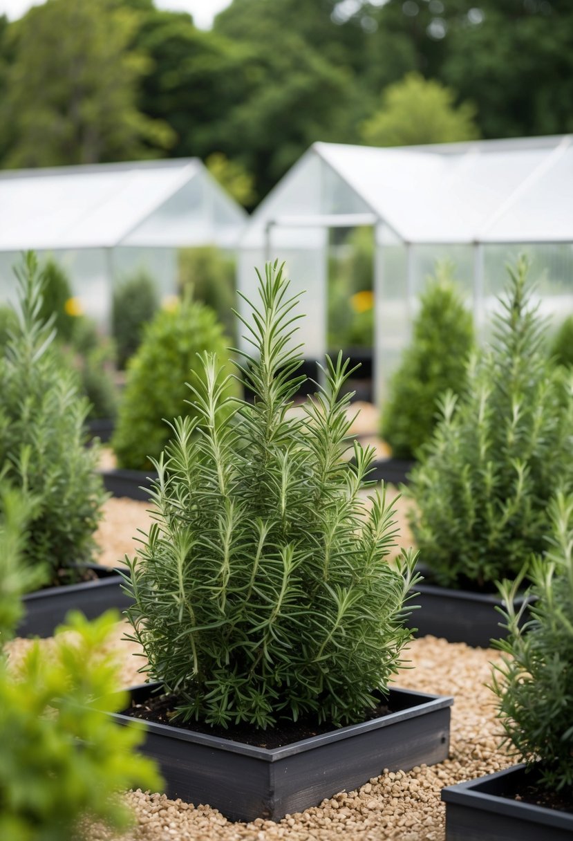 Lush rosemary shrubs fill 28 garden plots with greenhouses