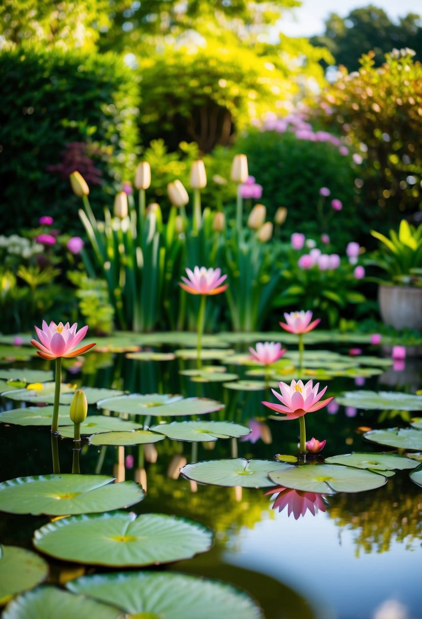 Lush garden pond with floating lilies and serene atmosphere