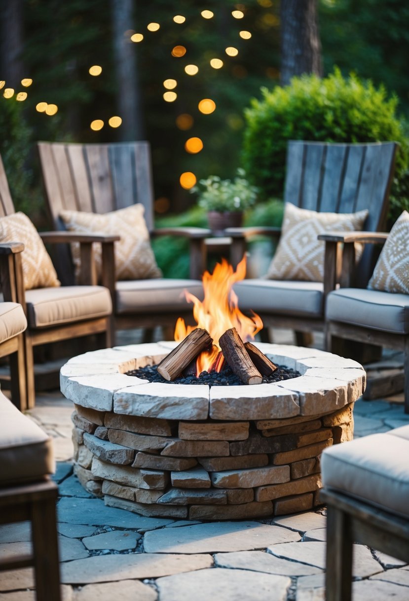 A stone and log fire pit surrounded by rustic outdoor seating