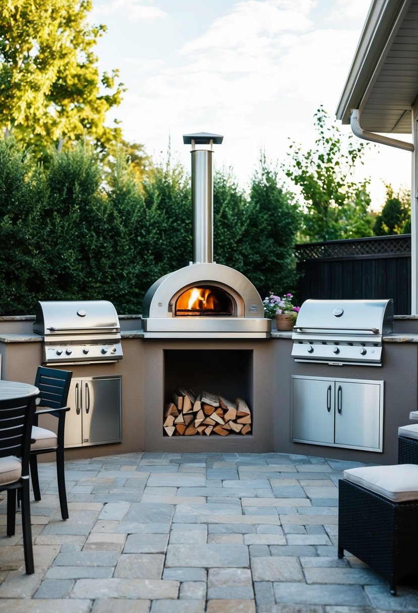 A backyard patio with a modern, stainless steel pizza oven surrounded by outdoor kitchen appliances and a cozy seating area