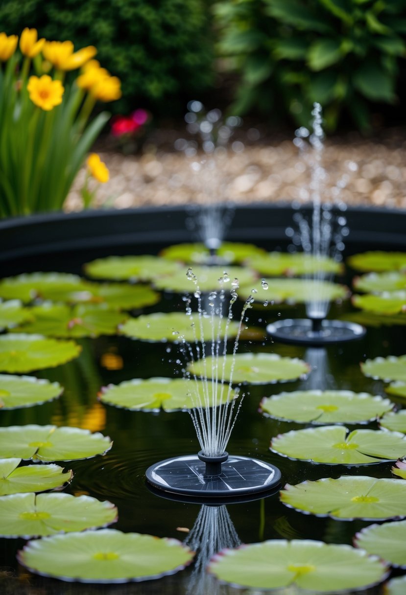 A serene garden pond with 32 solar-powered lily pad fountains