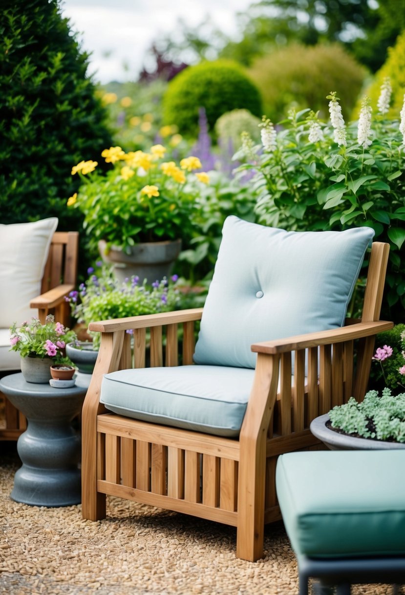 A cozy acacia wood armchair nestled among a variety of garden seating options, surrounded by lush greenery and blooming flowers