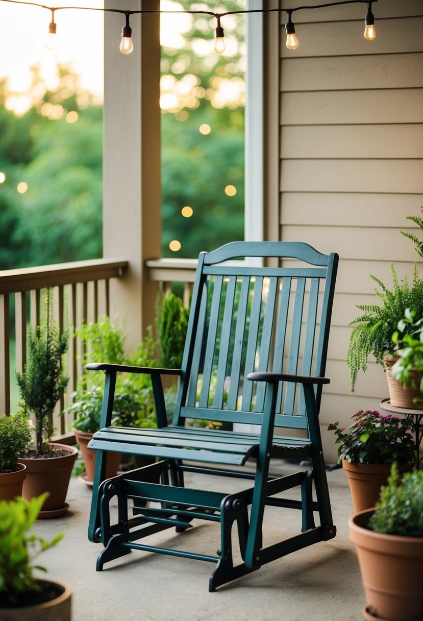 A vintage metal glider sits on a patio surrounded by potted plants and string lights, creating a cozy outdoor seating area