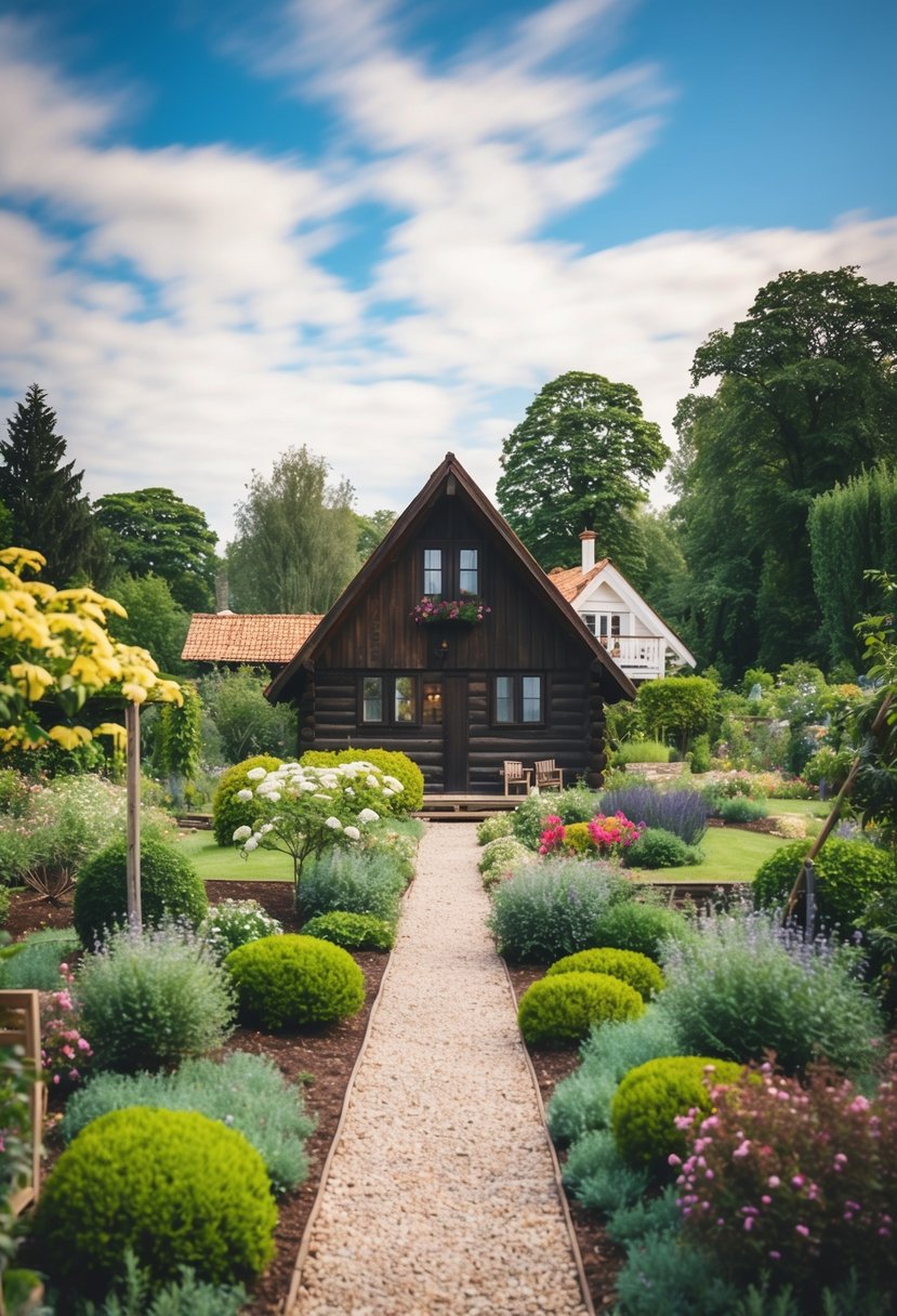 A rustic cabin surrounded by gardens, with a charming summer house in the distance