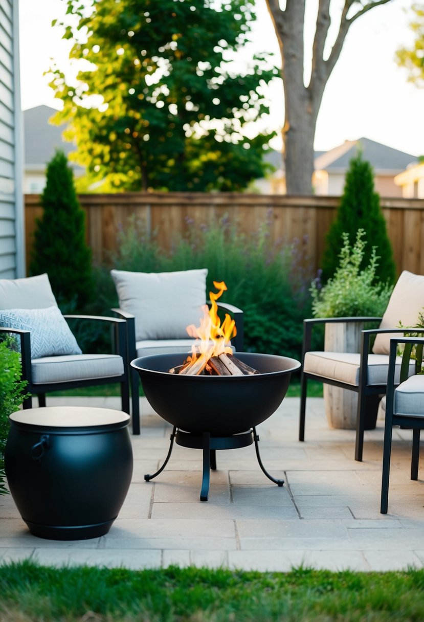 A backyard patio with a small steel cauldron fire pit surrounded by outdoor furniture and greenery