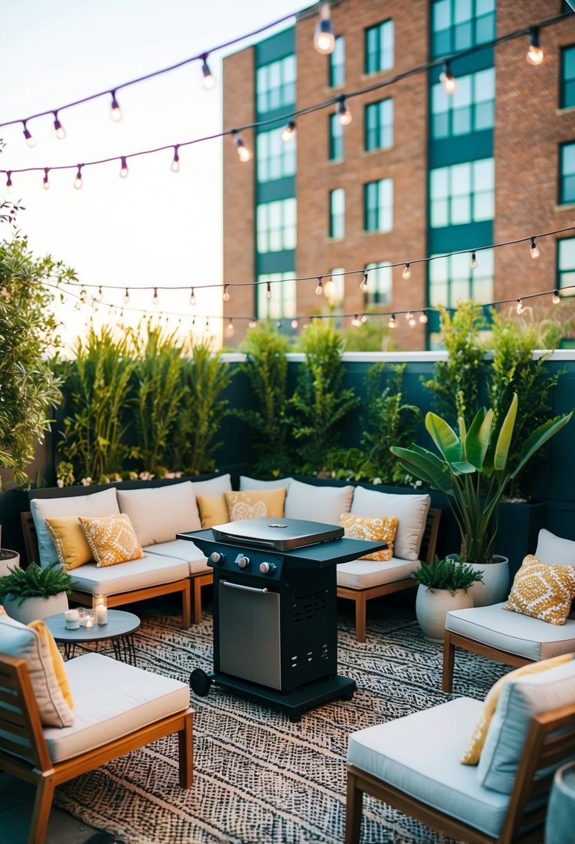 A rooftop oasis with a stylish BBQ area surrounded by cozy seating, lush greenery, and twinkling string lights