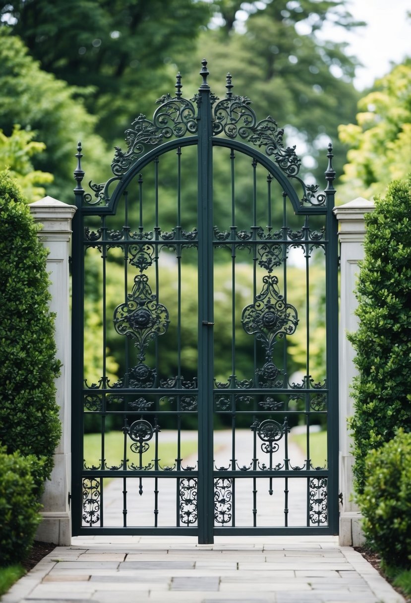 A grand, ornate metal garden gate stands tall, adorned with intricate designs and surrounded by lush greenery