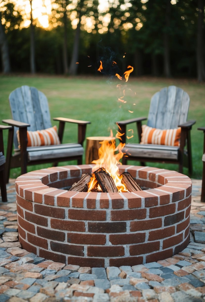 A brick circle pit surrounded by rustic outdoor seating and a crackling fire