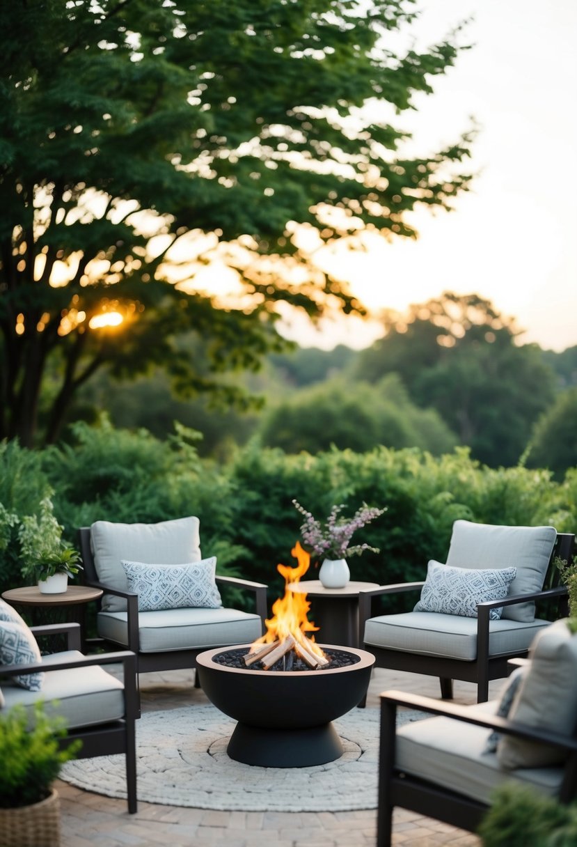 A cozy backyard with a small fire pit surrounded by comfortable seating, set against a backdrop of lush greenery and warm evening sunlight