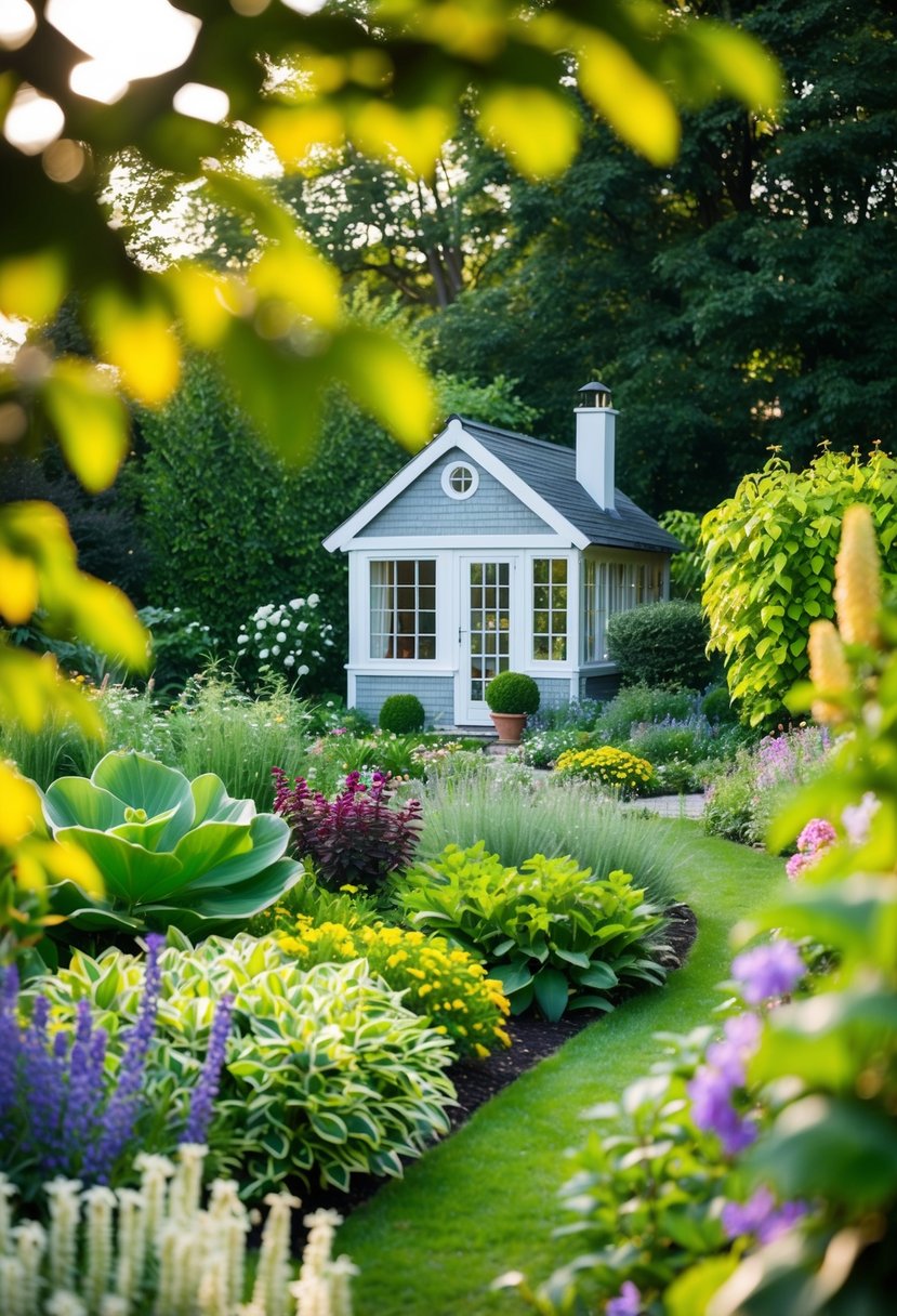 A lush garden with a charming summer house nestled among 37 different types of plants and flowers