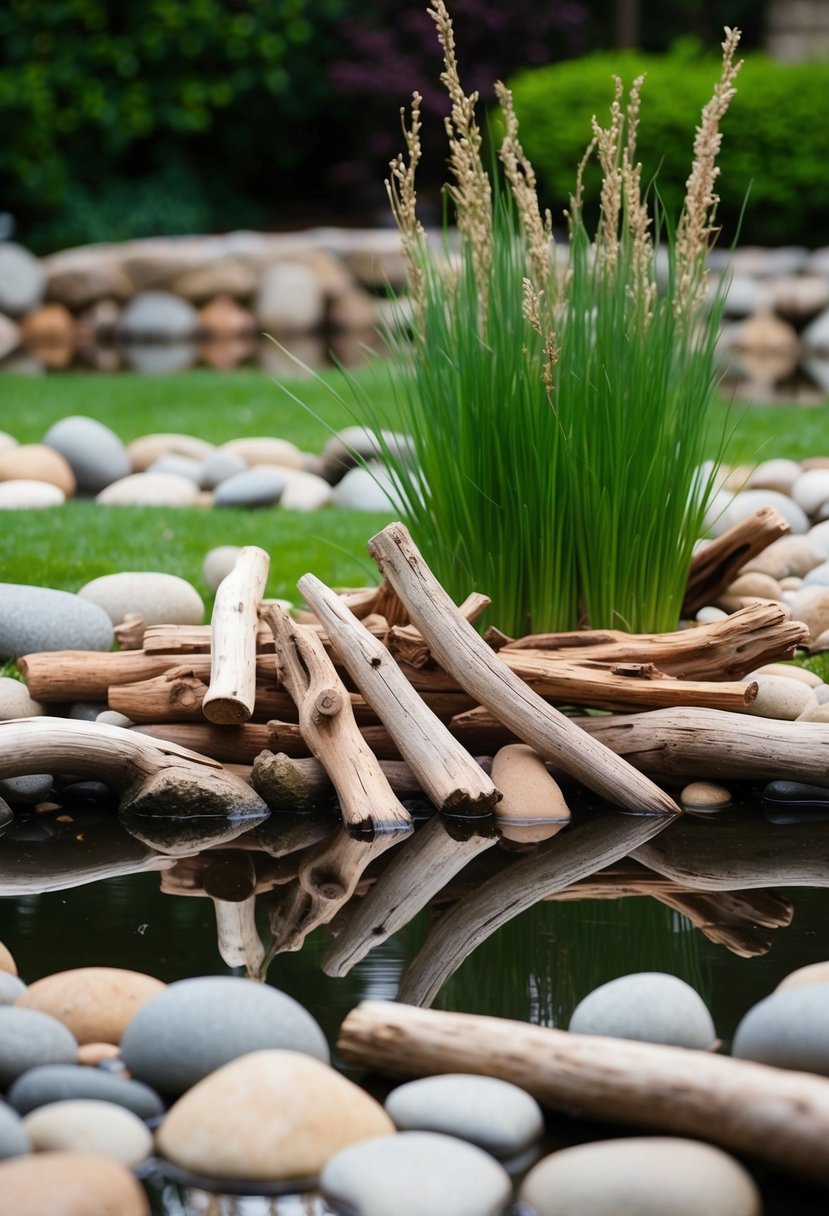 Driftwood arranged around garden pond, creating a decorative and natural feature