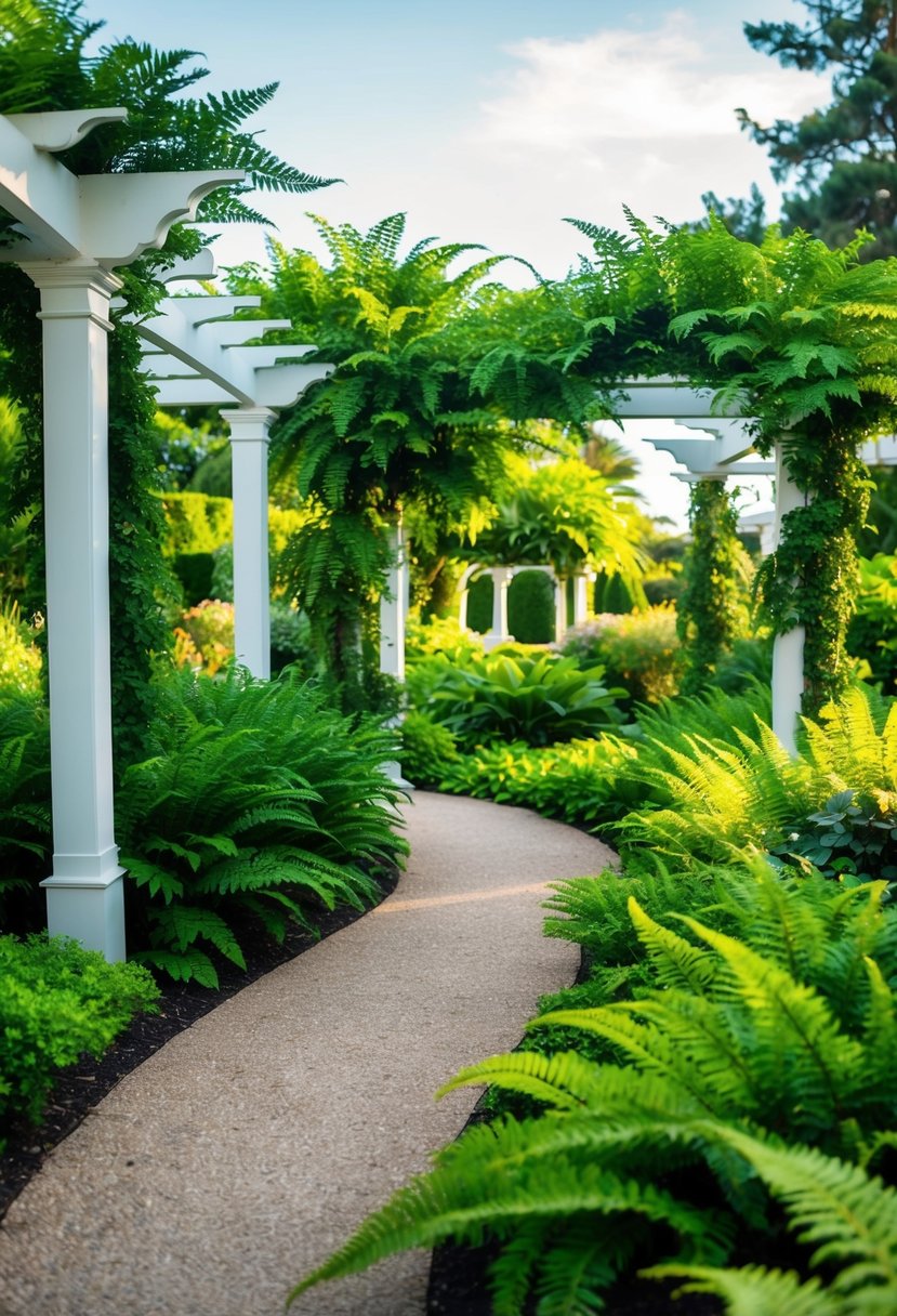 A winding path through lush gardens, covered in vibrant ferns and flanked by arbors