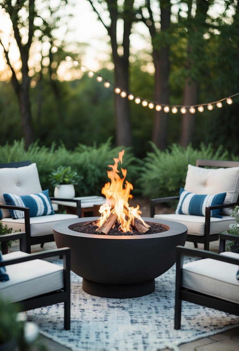 A cozy fire pit surrounded by comfortable seating, nestled in a serene outdoor setting with soft lighting and greenery