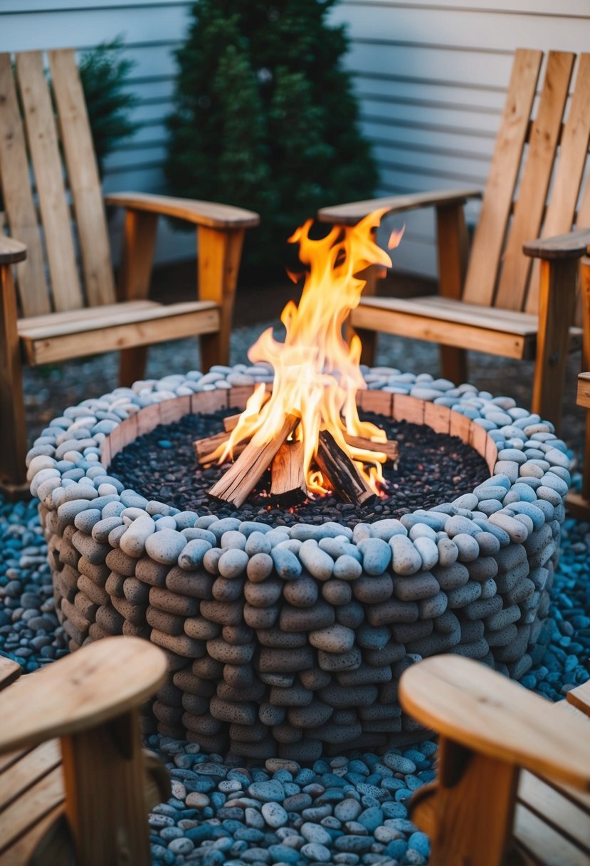 A circular fire pit made of pebbles, surrounded by rustic wooden chairs and set within a cozy outdoor space