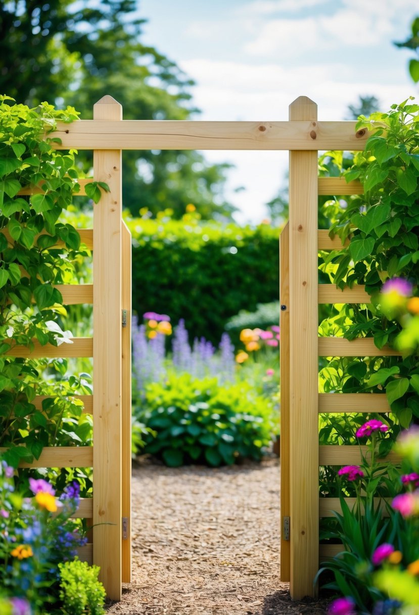 A natural wood fence frames a garden entrance, surrounded by lush greenery and colorful flowers