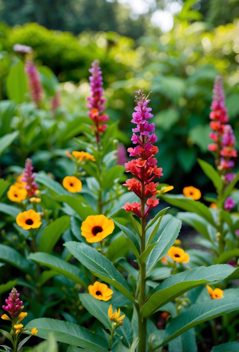 A lush garden with wild ginger and colorful wildflowers in full bloom