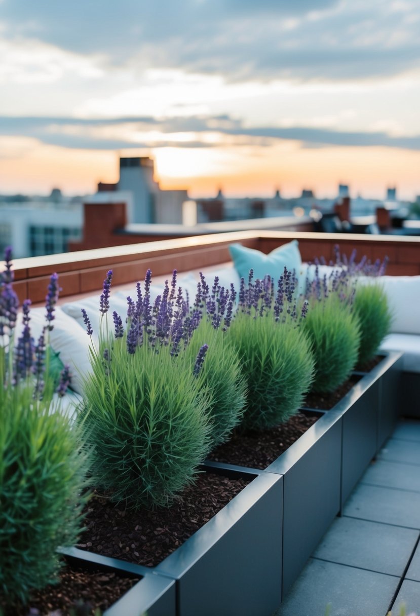 A modern rooftop garden filled with lavender plants and sleek urban decor
