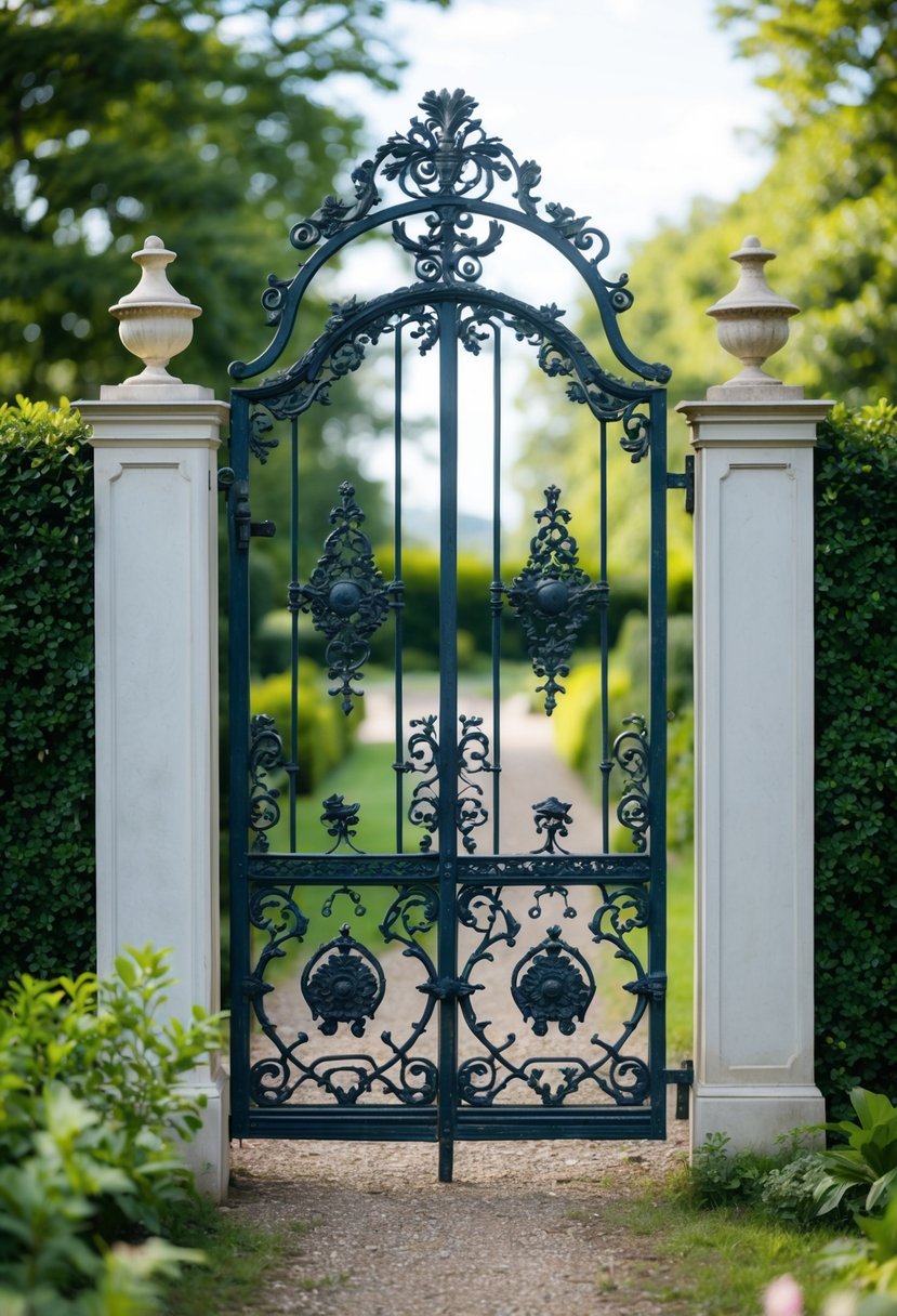 An ornate antique French garden gate stands tall, adorned with intricate metalwork and surrounded by lush greenery
