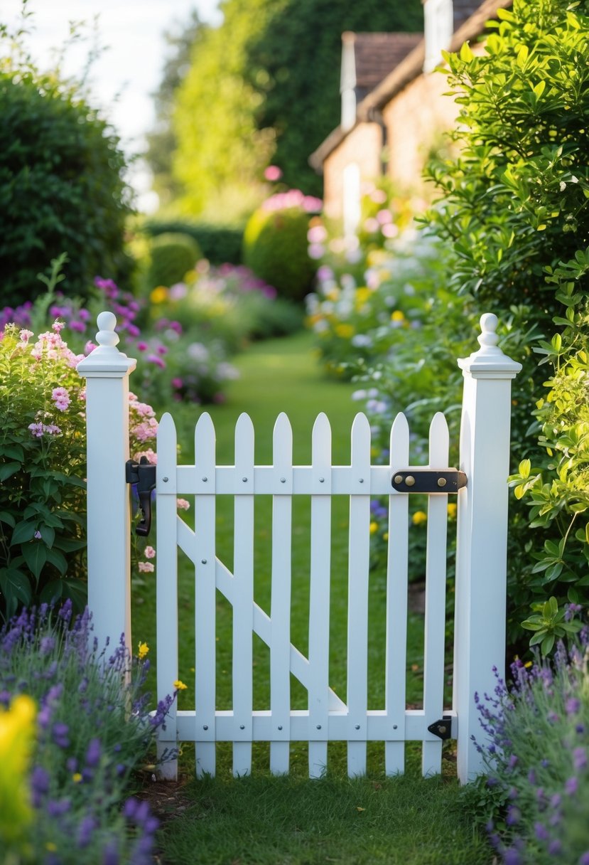A charming picket gate stands in a cottage garden, surrounded by blooming flowers and lush greenery