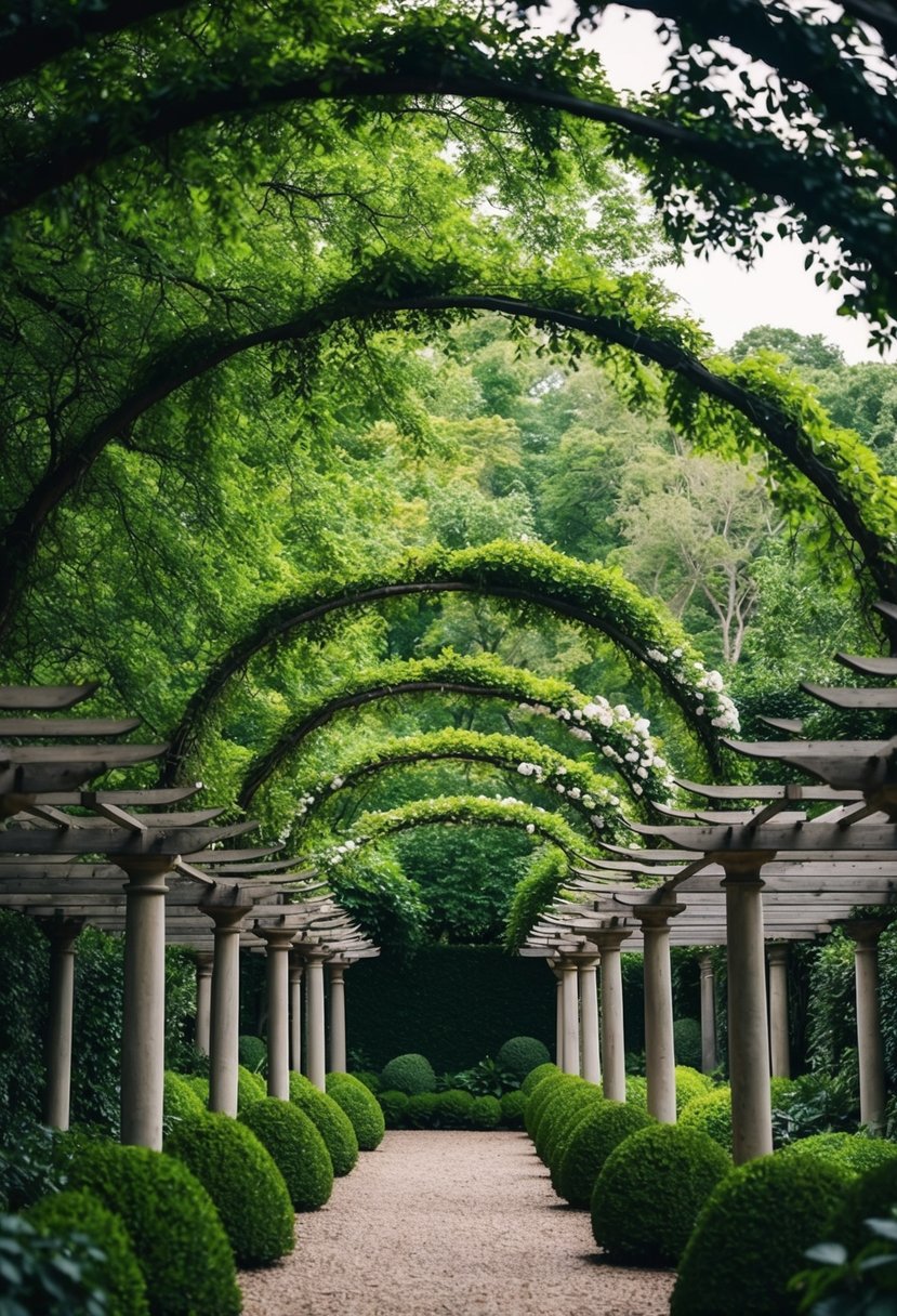 A lush forest canopy with 43 gardens, each adorned with a pergola, creating a magical and enchanting scene
